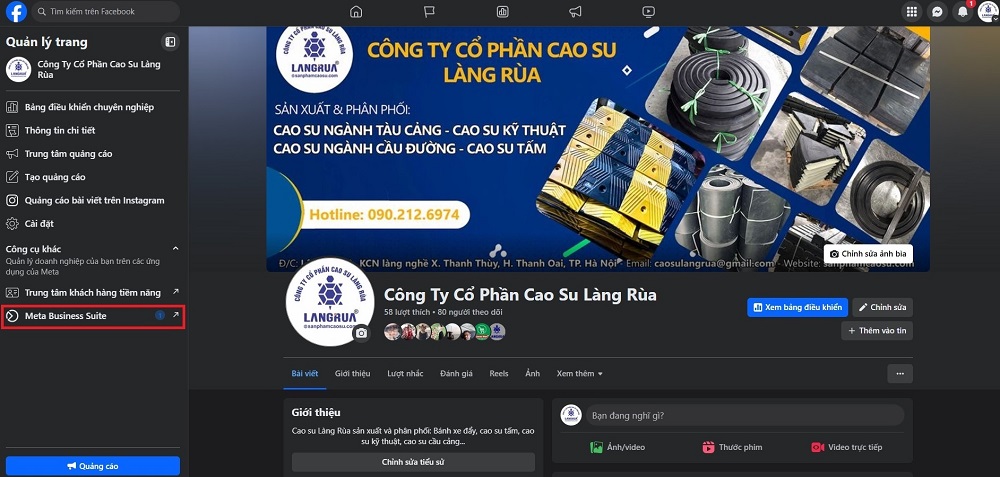 Bạn hãy truy cập vào Facebook, bấm vào biểu tượng logo nhỏ bên trái -> Chọn trang cần cài đặt -> Chọn "Meta Business Suite"