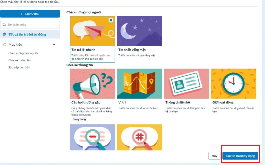 Chọn "Tin trả lời nhanh" -> Bấm "Tạo tin nhắn trả lời tự động"